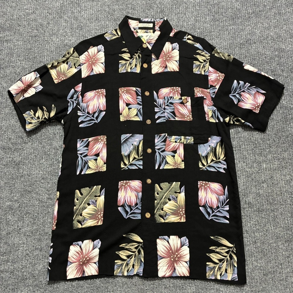 Ron Chereskin Mens Button Up Shirt M Black Floral Block Hawaiian Short Sleeve